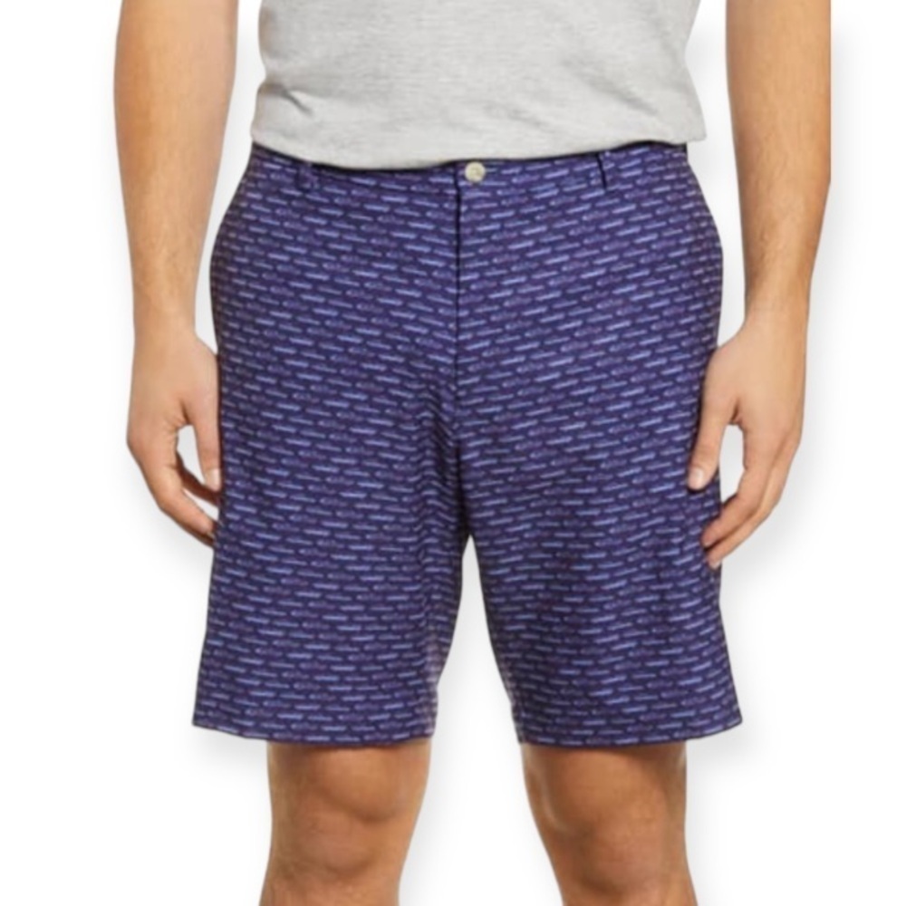 Peter Millar Carrboro Flat Front Performance Shorts Car Motif Blue Purple 36